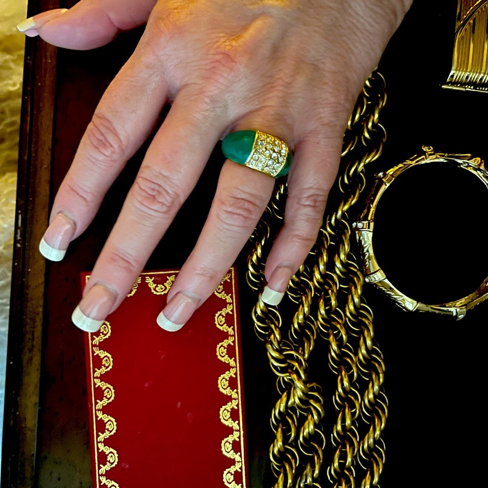 RING ~Emerald green enamel and stone ring. Yellow gold. Beautiful costume piece.